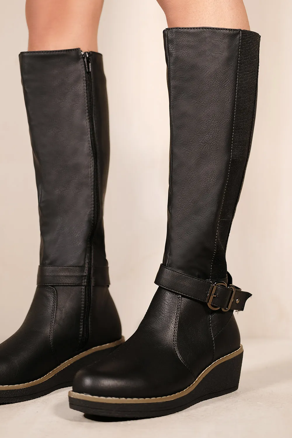 AYLEEN WEDGE HEEL KNEE HIGH BOOTS WITH ELASTIC PANEL IN BLACK FAUX LEATHER