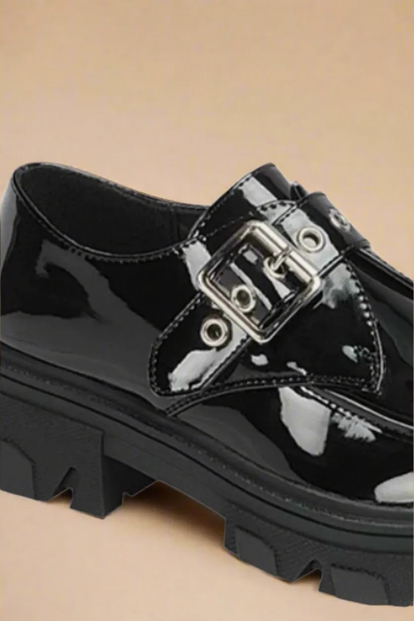 Black Patent Vegan Leather Buckled Platform Lug Sole Loafers