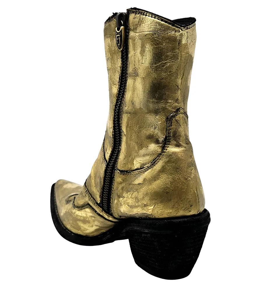 Gold Laminated Pointy Toe Ankle Boot