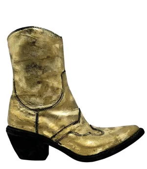 Gold Laminated Pointy Toe Ankle Boot