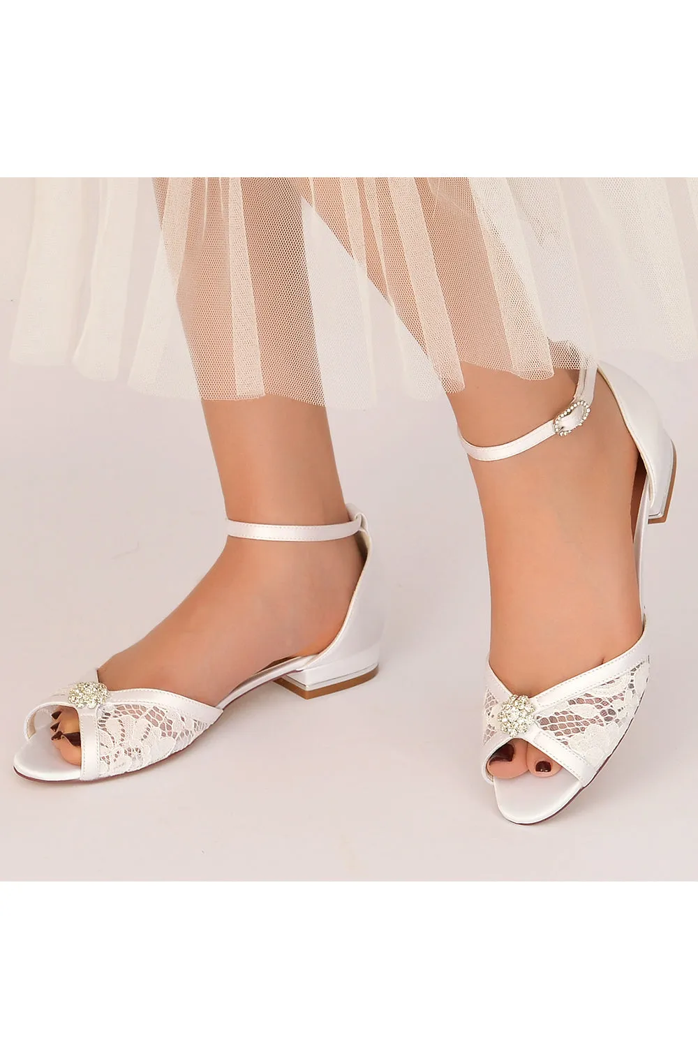 Lace Open Toe Flats with Ankle Strap