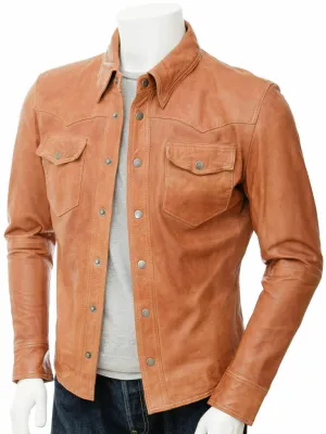 Men's Beige Leather Slim Fit Shirt with Sophisticated Edge MS14