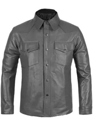 Men's Gray Leather Slim Fit Bold Design Snap Button Shirt MS06