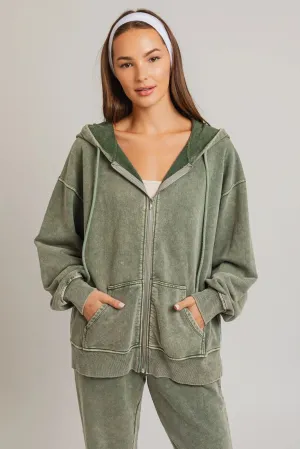 Oversize Washed Front Zipper Hooded Jacket