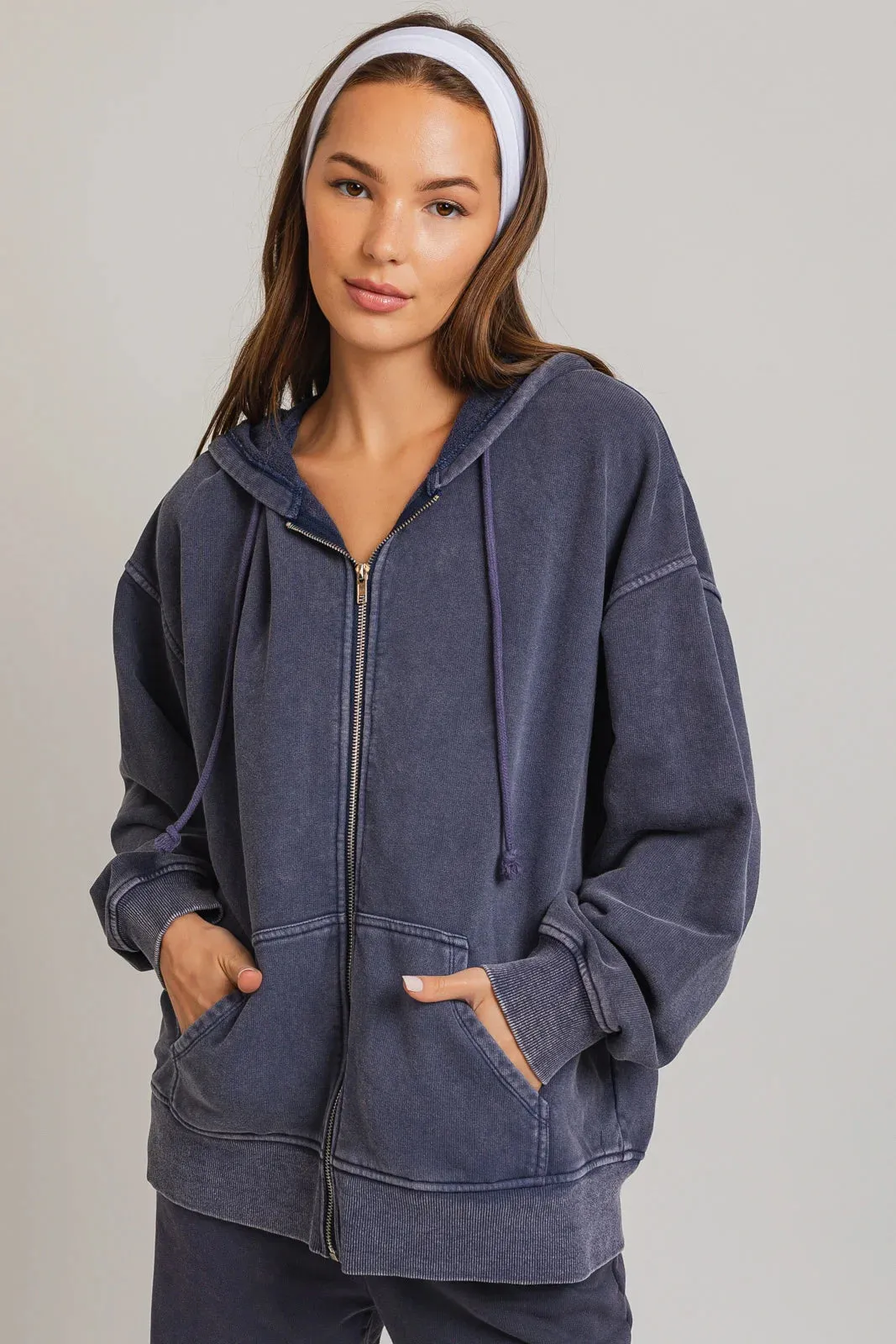 Oversize Washed Front Zipper Hooded Jacket