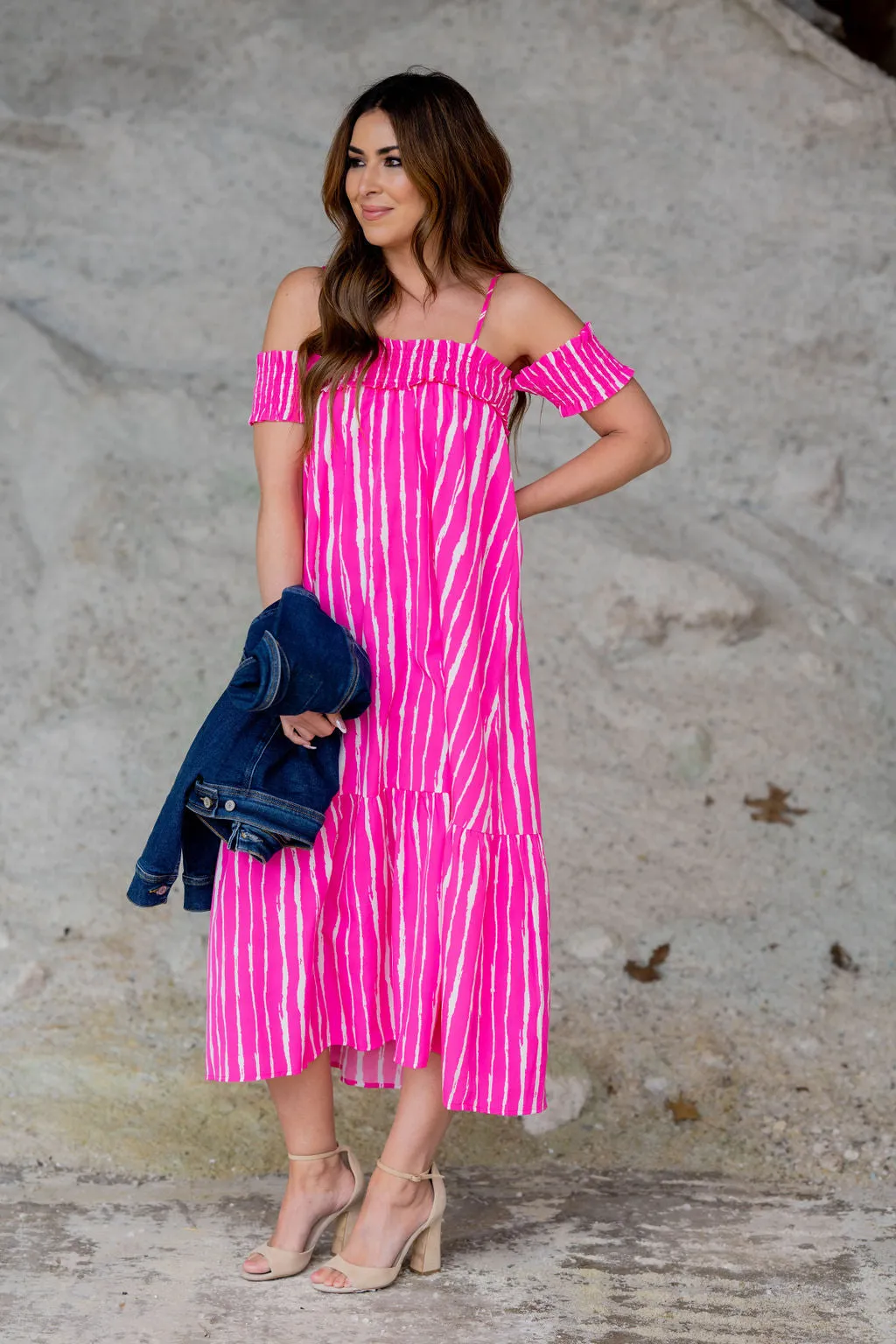 Painted Stripes Off The Shoulder Maxi Dress