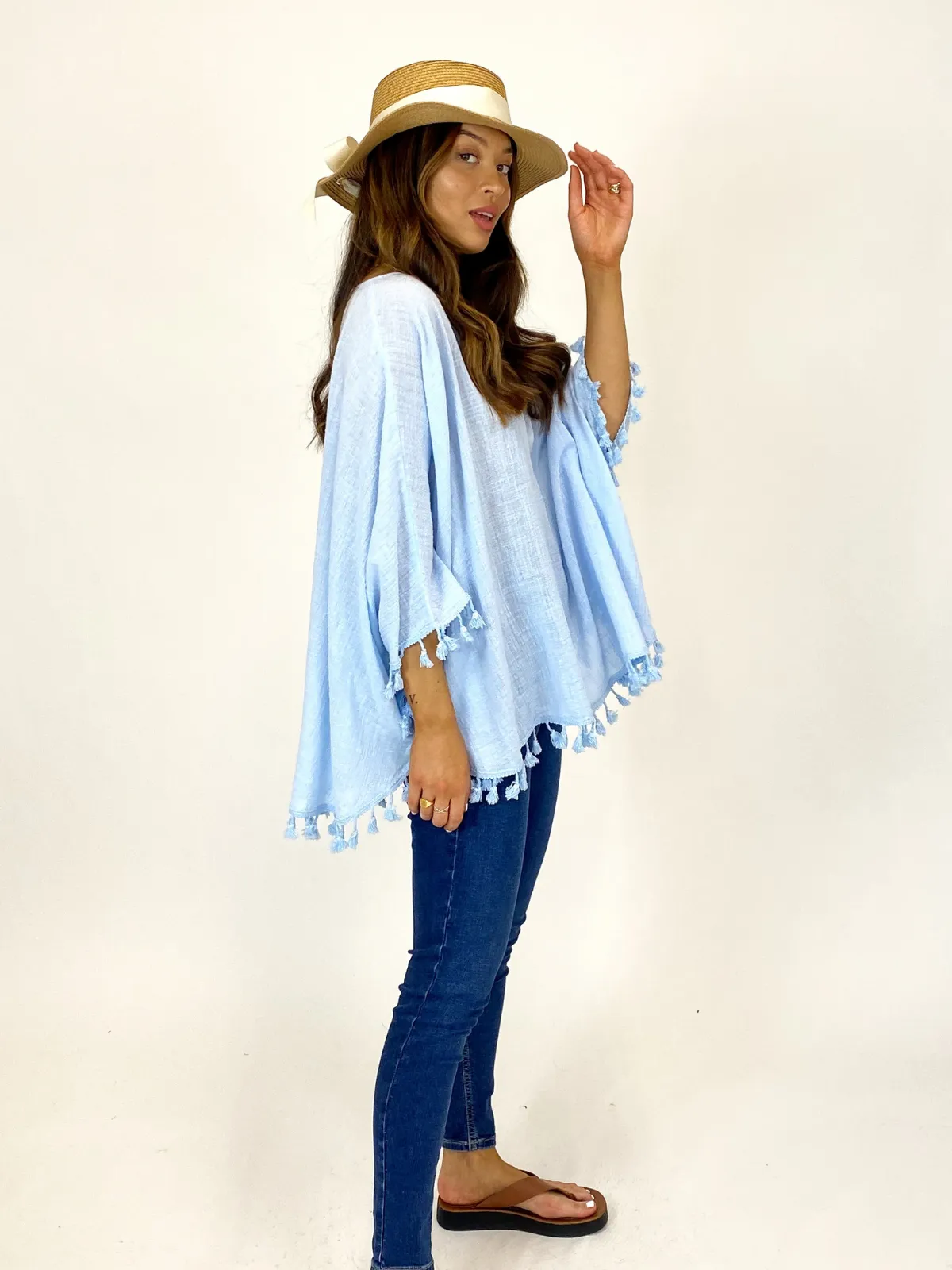 Pearl Powder Blue Fringe Kaftan