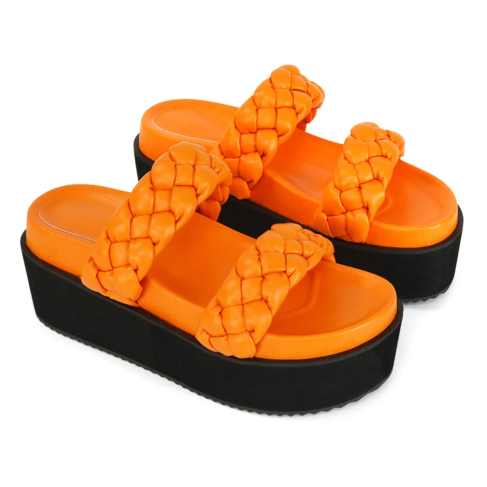 Regina Woven Double Strap Flatform Slip On Sandals in Orange Synthetic Leather