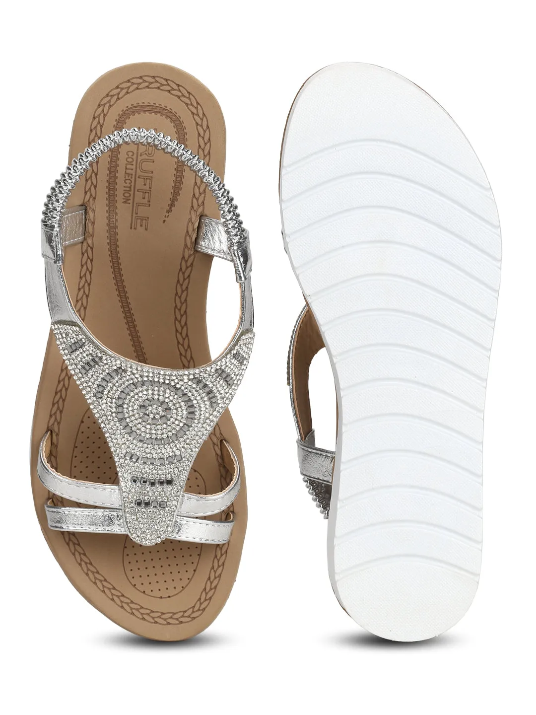 Silver Met Diamante Double Strap Platform Slip-On Sandals