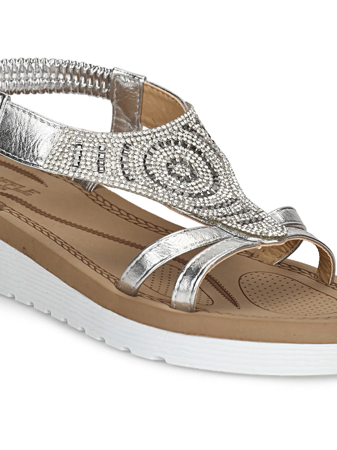 Silver Met Diamante Double Strap Platform Slip-On Sandals