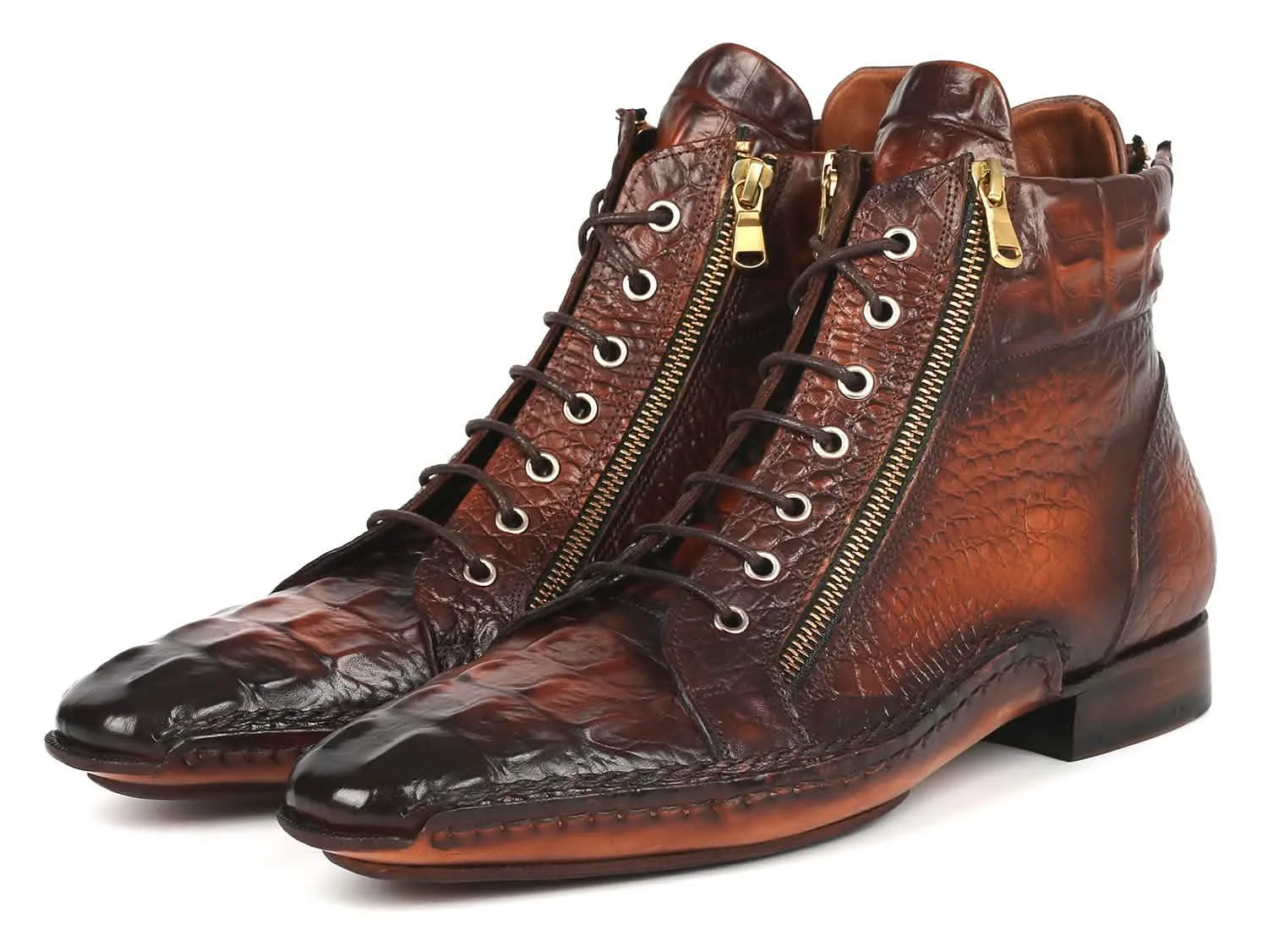 Sophisticated Crocodile-Textured Calfskin Zipper Boots for Men