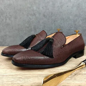 Tassels Woven Brown Leather Loafers