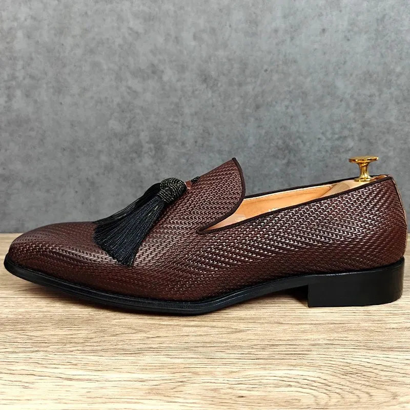 Tassels Woven Brown Leather Loafers