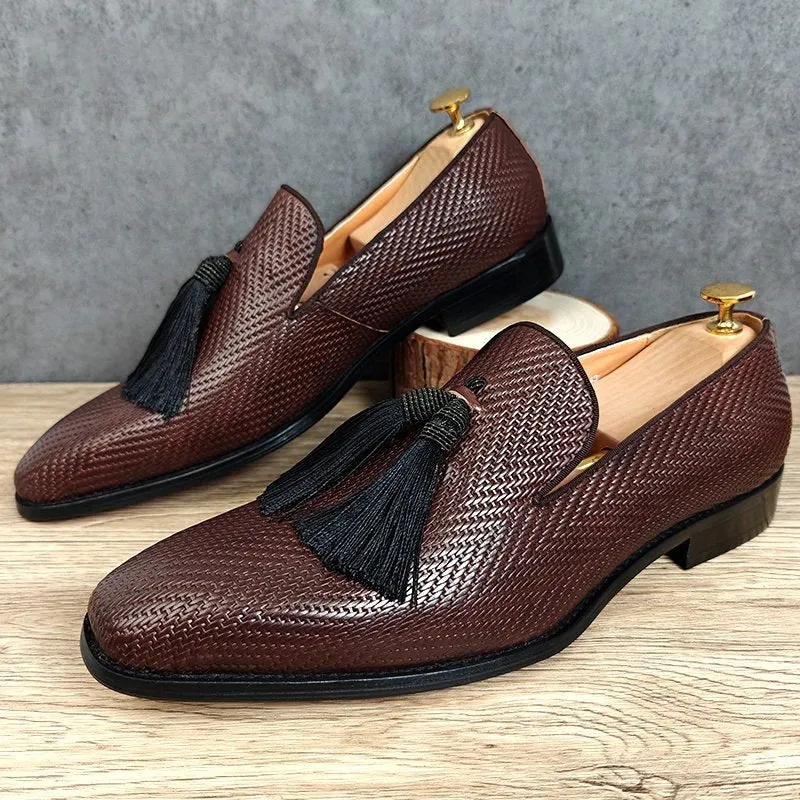 Tassels Woven Brown Leather Loafers