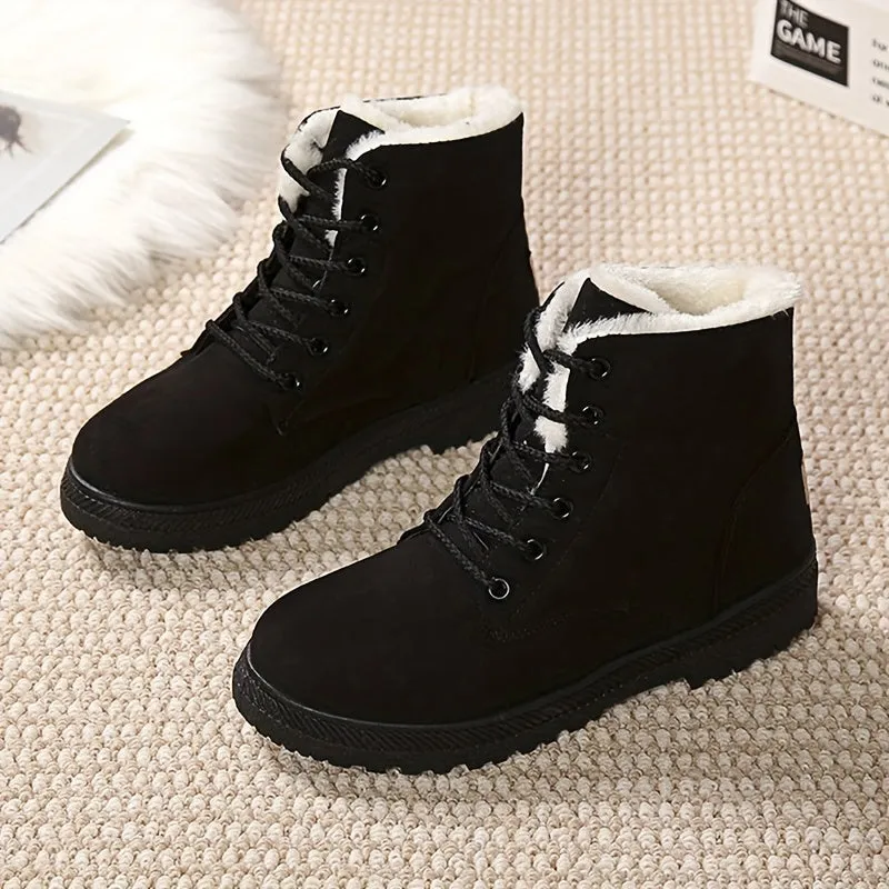 Women's Plush Lined Ankle Boots, Solid Color Lace Up Round Toe Snow Boots, Thermal Outdoor Short Boots