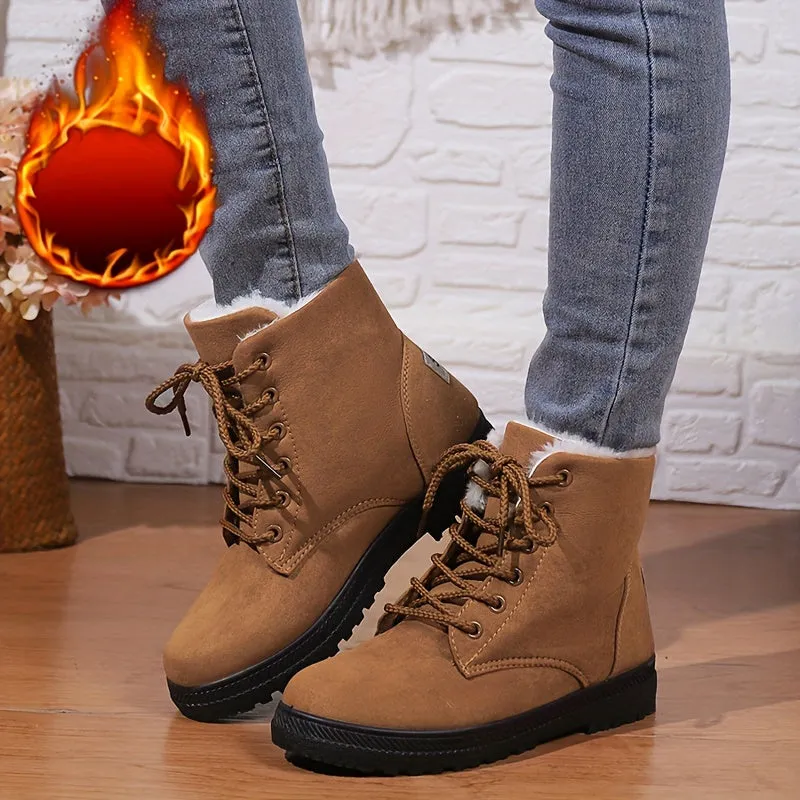 Women's Plush Lined Ankle Boots, Solid Color Lace Up Round Toe Snow Boots, Thermal Outdoor Short Boots